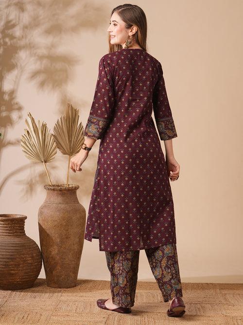 Floral Printed Mirror & zari Embroidered Kurta with Palazzo - Burgundy