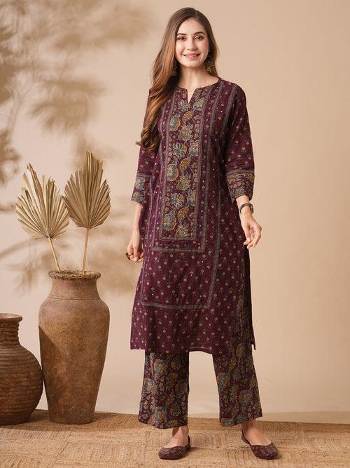 Floral Printed Mirror & zari Embroidered Kurta with Palazzo - Burgundy