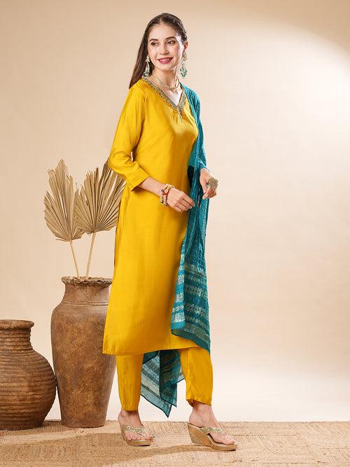 Solid Resham & Zardozi Embroidered Kurta with Pants & Jacquard Dupatta - Yellow