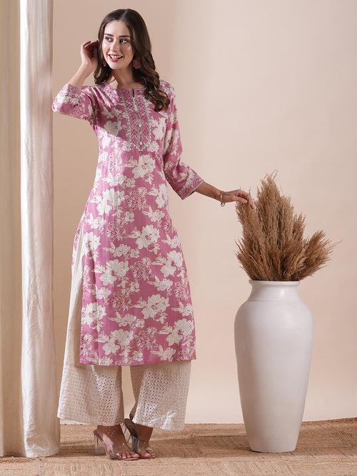 Floral Printed Resham & Zari Embroidered Kurta - Pink