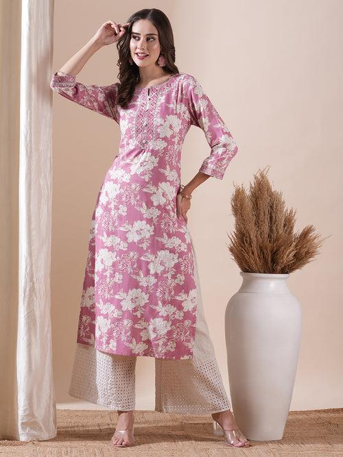 Floral Printed Resham & Zari Embroidered Kurta - Pink