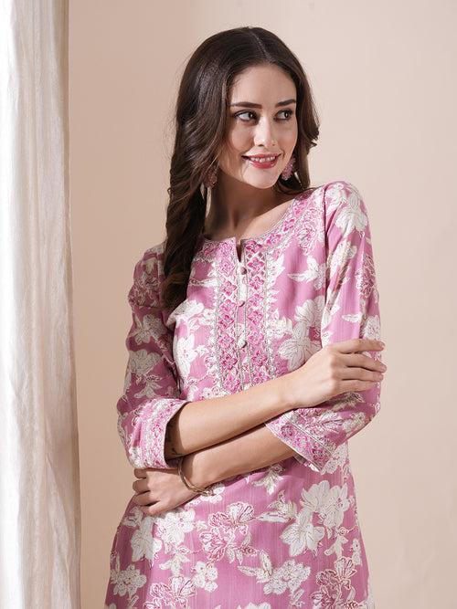 Floral Printed Resham & Zari Embroidered Kurta - Pink