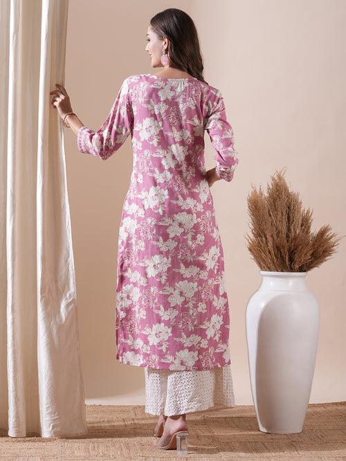 Floral Printed Resham & Zari Embroidered Kurta - Pink