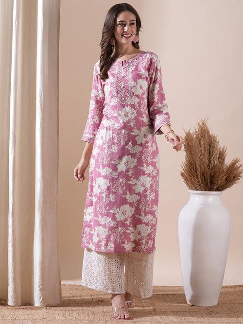 Floral Printed Resham & Zari Embroidered Kurta - Pink