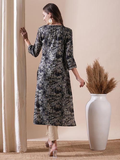 Florall Printed Mirror, Resham & Zari Embroidered Kurta - Black