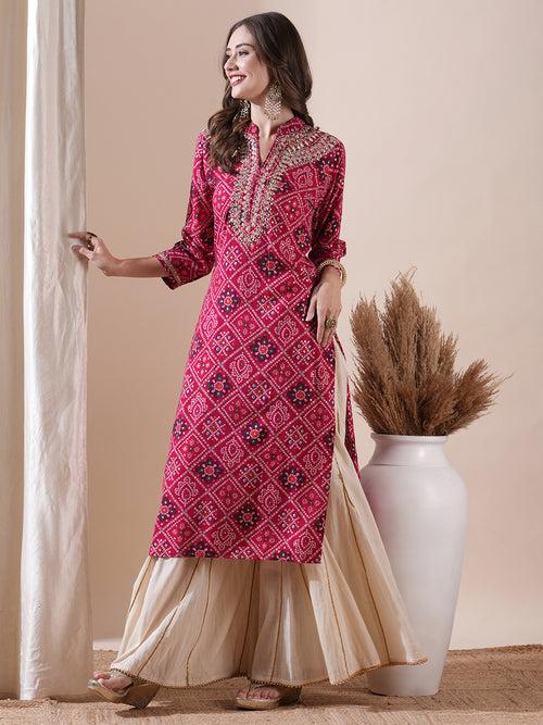 Ethnic Bandhani Printed Mirror & Zari Embroidered Kurta - Pink