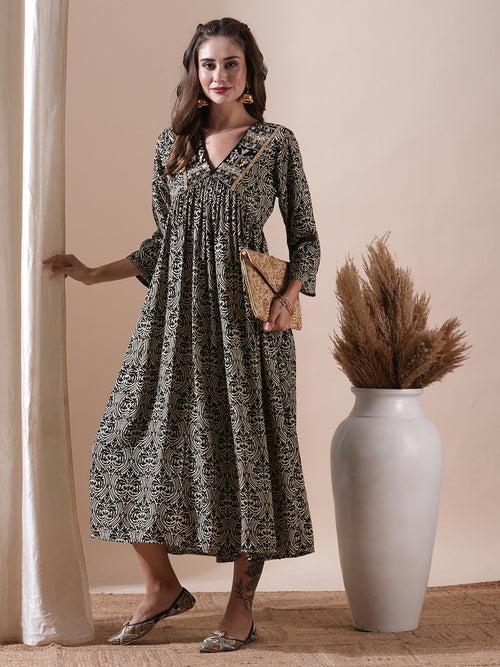 Ethnic Printed Mirror, Zari & Resham Embroidered Midi Dress - Black