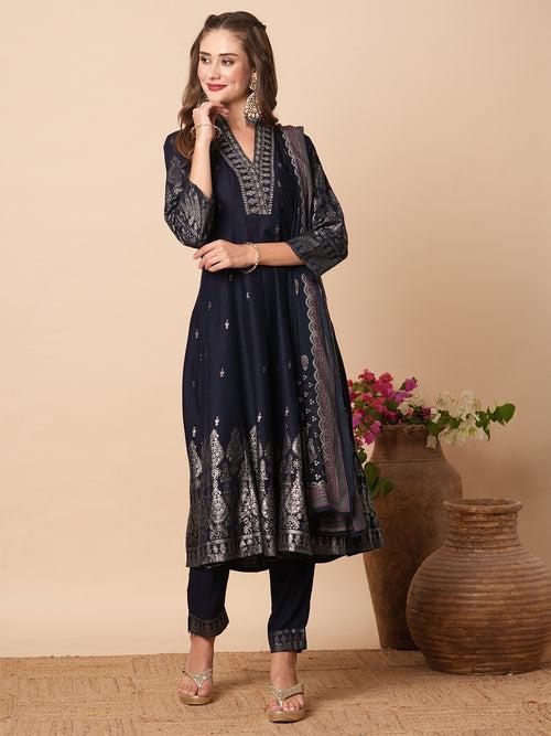 Ethnic Khari Printed Zari Embroidered Anarkali Kurta with Pants & Dupatta - Navy Blue