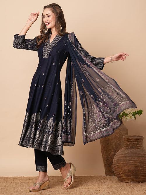 Ethnic Khari Printed Zari Embroidered Anarkali Kurta with Pants & Dupatta - Navy Blue