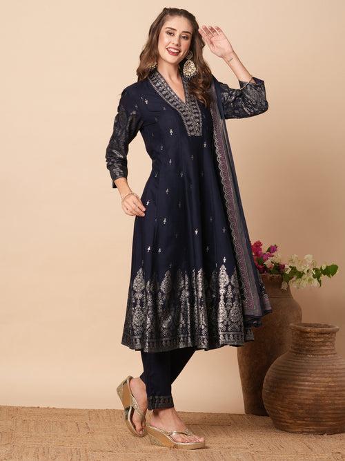 Ethnic Khari Printed Zari Embroidered Anarkali Kurta with Pants & Dupatta - Navy Blue