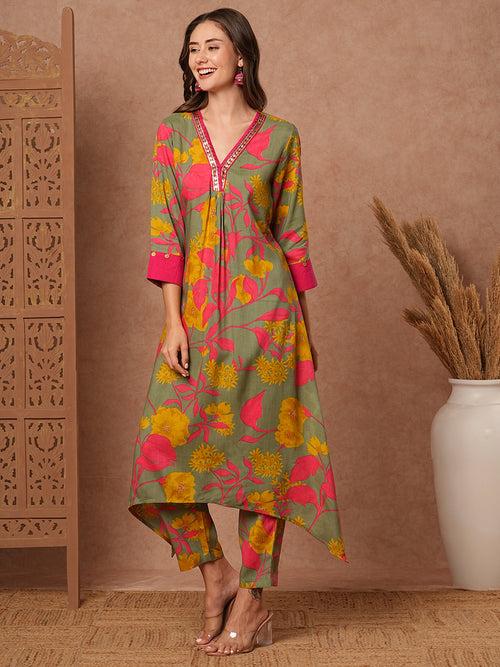 Floral Printed A-Line Pleated Kurta with Pant - Green