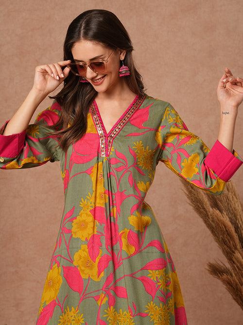 Floral Printed A-Line Pleated Kurta with Pant - Green