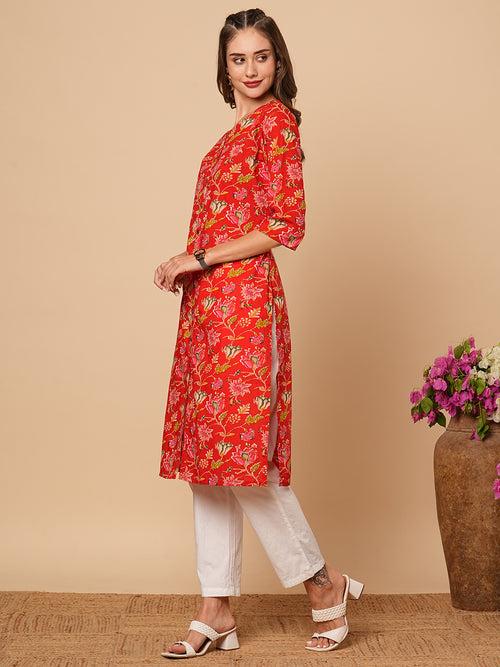 Floral Printed Straight Fit Cotton Kurta - Red