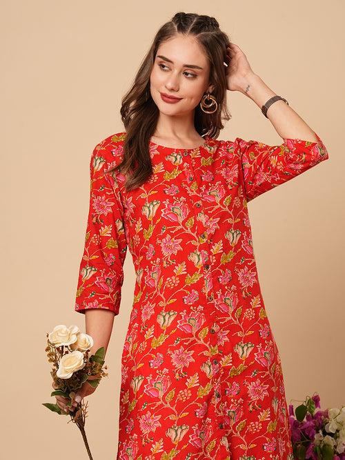 Floral Printed Straight Fit Cotton Kurta - Red