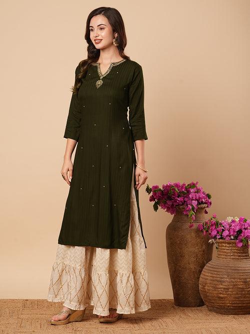 Ethnic Stripes Woven & Hand Embroidered Straight Fit Kurta - Olive Green