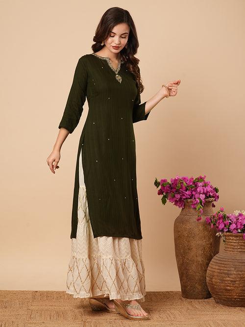 Ethnic Stripes Woven & Hand Embroidered Straight Fit Kurta - Olive Green