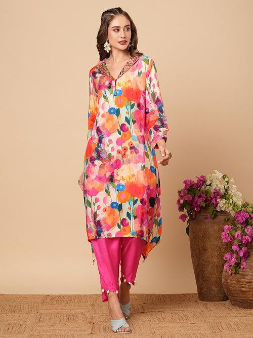 Floral Printed Tikki & Beads Embellished Kurta with Pants - Multi