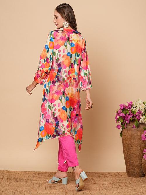 Floral Printed Tikki & Beads Embellished Kurta with Pants - Multi