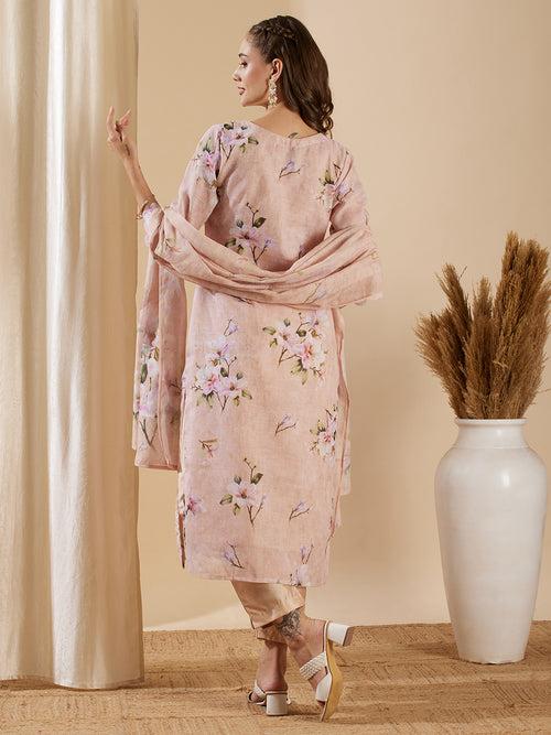 Floral Printed & Embroidered Straight Kurta with Pant & Dupatta - Pink