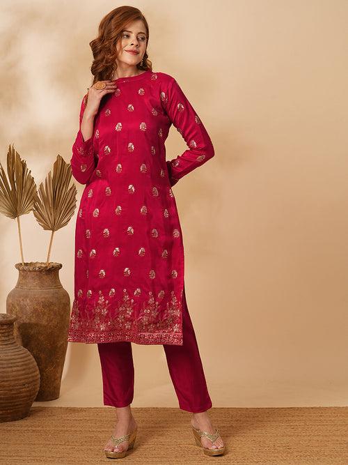 Ethnic Floral Zari Jacquard Straight Fit Kurta with Pant - Red