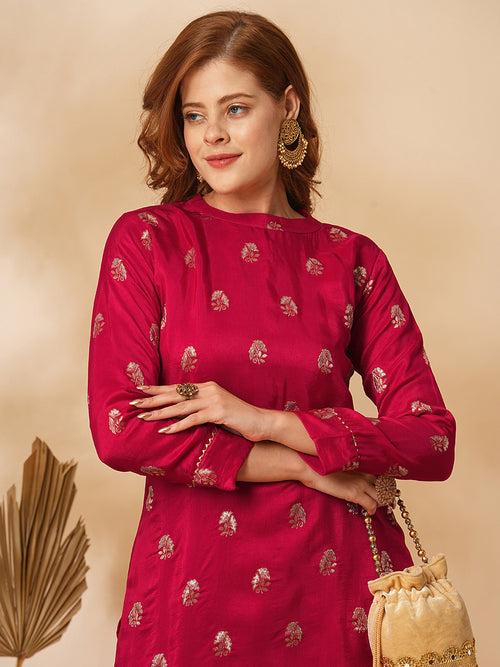 Ethnic Floral Zari Jacquard Straight Fit Kurta with Pant - Red