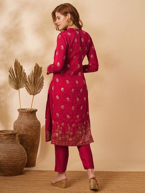 Ethnic Floral Zari Jacquard Straight Fit Kurta with Pant - Red