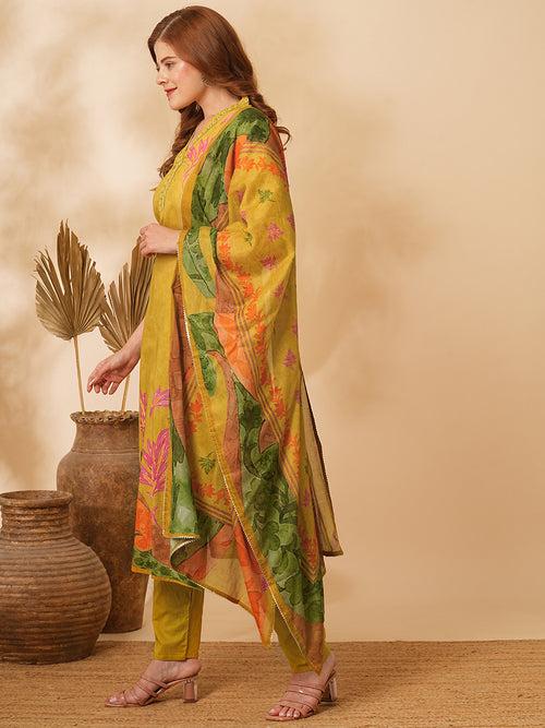 Floral Abstract Printed & Embroidered Straight Kurta with Pant & Dupatta - Mustard