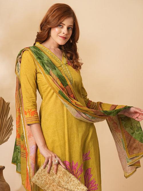 Floral Abstract Printed & Embroidered Straight Kurta with Pant & Dupatta - Mustard