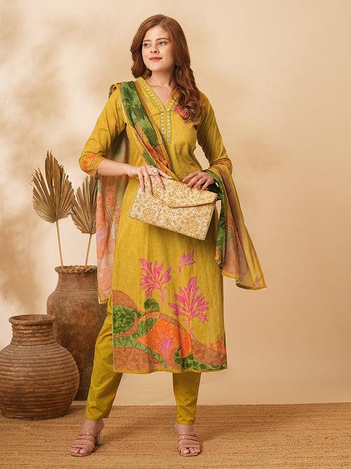 Floral Abstract Printed & Embroidered Straight Kurta with Pant & Dupatta - Mustard