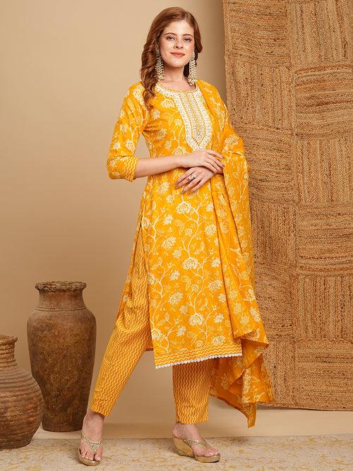 Floral Printed & Embroidered Straight Kurta with Pant & Dupatta - Mustard