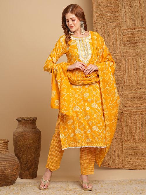 Floral Printed & Embroidered Straight Kurta with Pant & Dupatta - Mustard