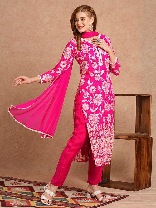 Floral Printed Schiffli Embroidered Straight Fit Kurta with Pant & Dupatta - Fuchsia