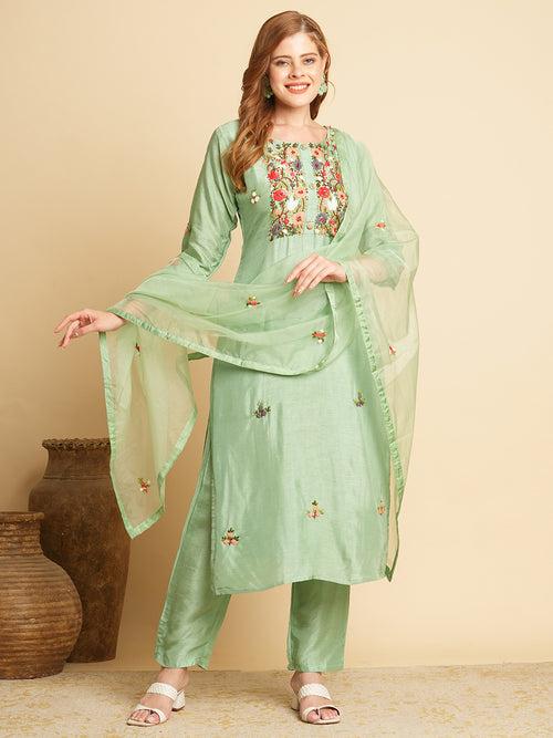 Floral Hand Embroidered Straight Fit Kurta with Pant and Dupatta - Green