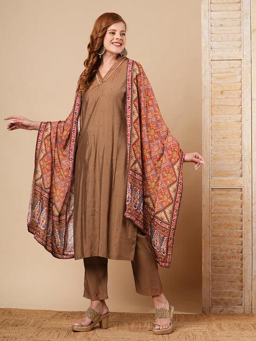 Solid Ethnic Embroidered Straight Fit Kurta with Pant and Dupatta - Brown