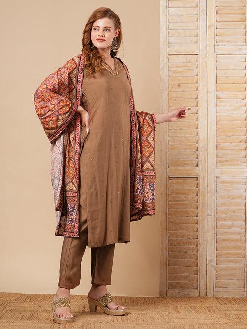 Solid Ethnic Embroidered Straight Fit Kurta with Pant and Dupatta - Brown