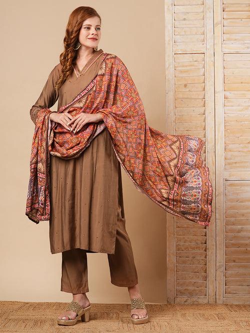 Solid Ethnic Embroidered Straight Fit Kurta with Pant and Dupatta - Brown