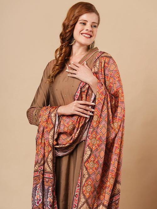 Solid Ethnic Embroidered Straight Fit Kurta with Pant and Dupatta - Brown