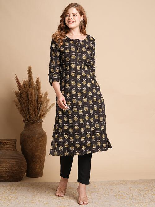 Ethnic Floral Printed Straight Fit Kurta - Black