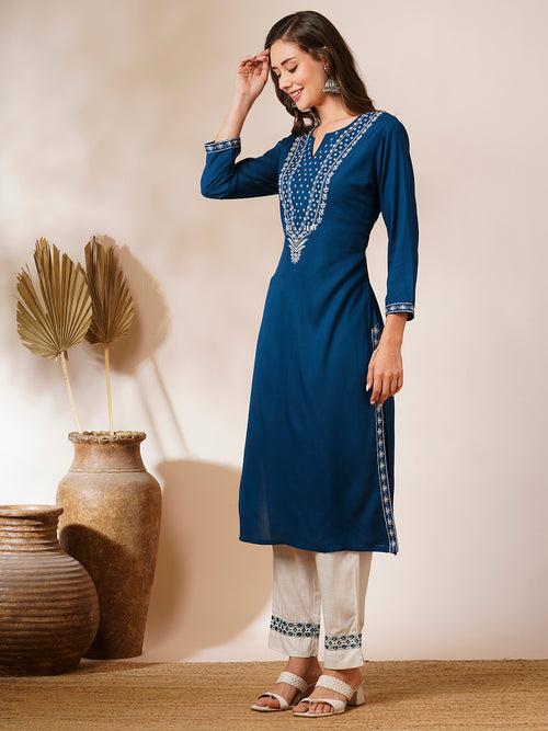 Solid Floral Embroidered Straight Fit Kurta - Teal Blue