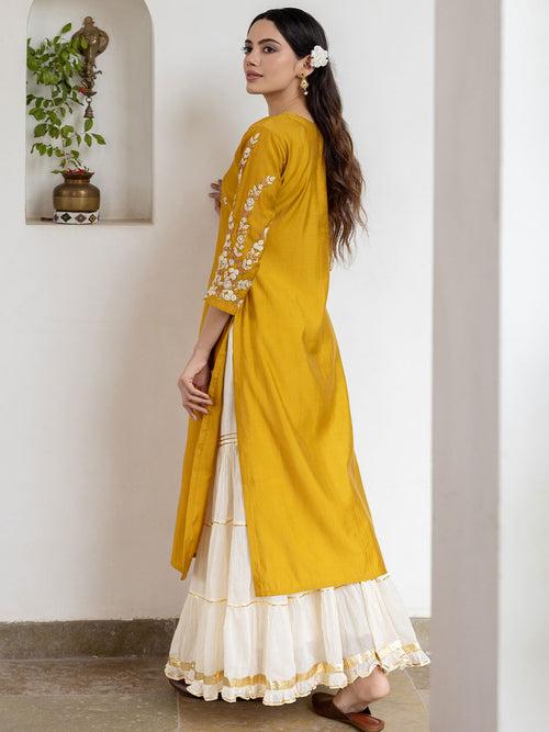 Solid Floral Hand Embroidered Straight Fit Kurta - Mustard