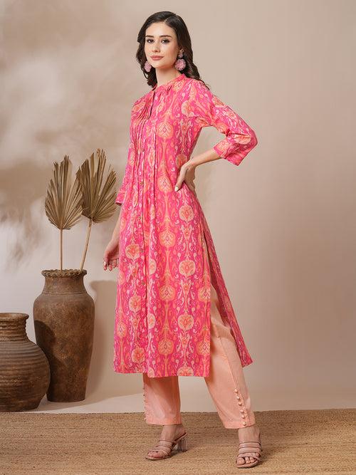 Ethnic Ikat Printed A-Line Pin Tucked Kurta - Pink