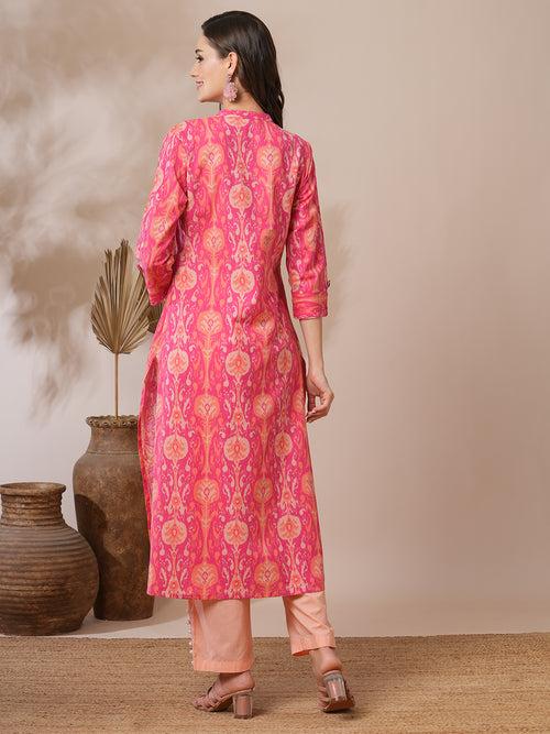 Ethnic Ikat Printed A-Line Pin Tucked Kurta - Pink