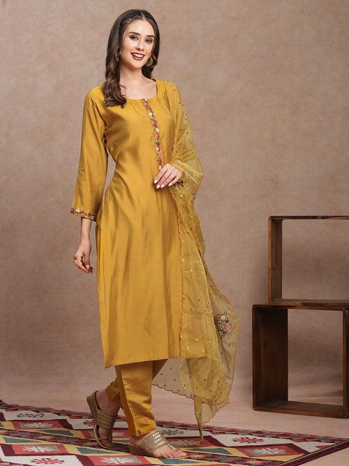 Floral Hand Embroidered Straight Fit Kurta with Pant & Dupatta - Mustard