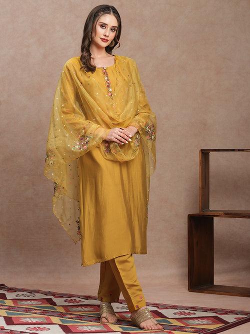 Floral Hand Embroidered Straight Fit Kurta with Pant & Dupatta - Mustard