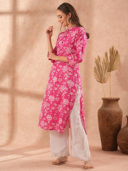 Floral Printed Straight Fit Kurta - Pink