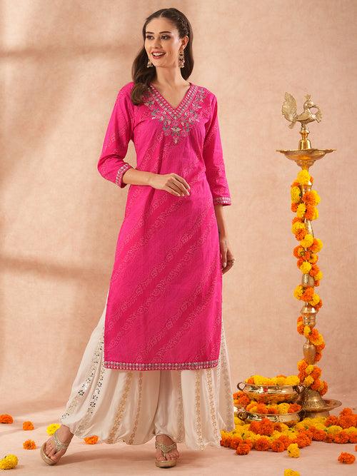 Ethnic Printed & Floral Embroidered Straight Fit Kurta - Pink