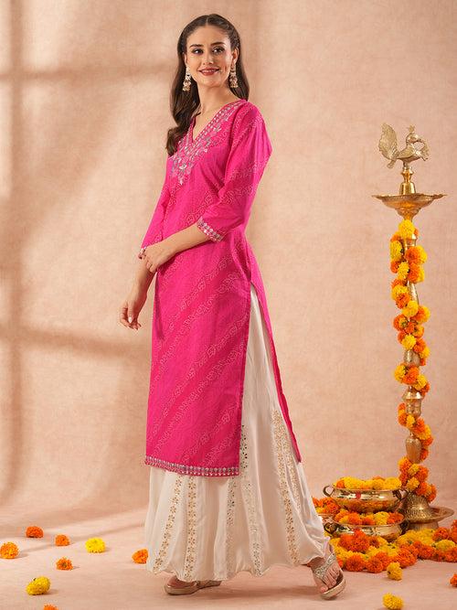 Ethnic Printed & Floral Embroidered Straight Fit Kurta - Pink