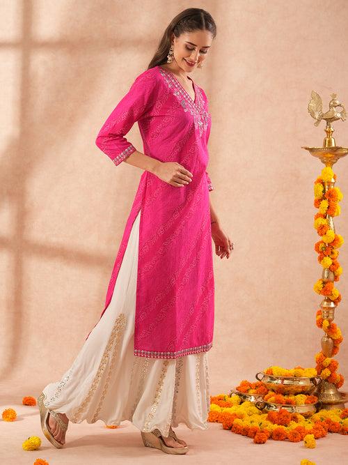 Ethnic Printed & Floral Embroidered Straight Fit Kurta - Pink