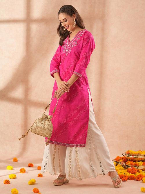 Ethnic Printed & Floral Embroidered Straight Fit Kurta - Pink