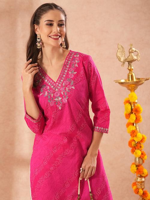 Ethnic Printed & Floral Embroidered Straight Fit Kurta - Pink